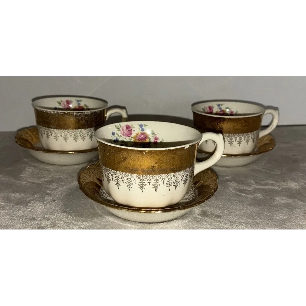 Vintage Vogue Gold Filigree Teacup White Floral 22k Gold Homer Laughlin Lot Of 3